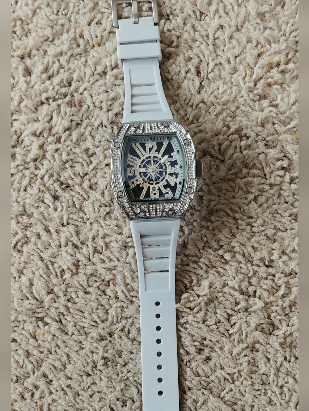 White Men’s Crystal Accent Silicone Strap Watch